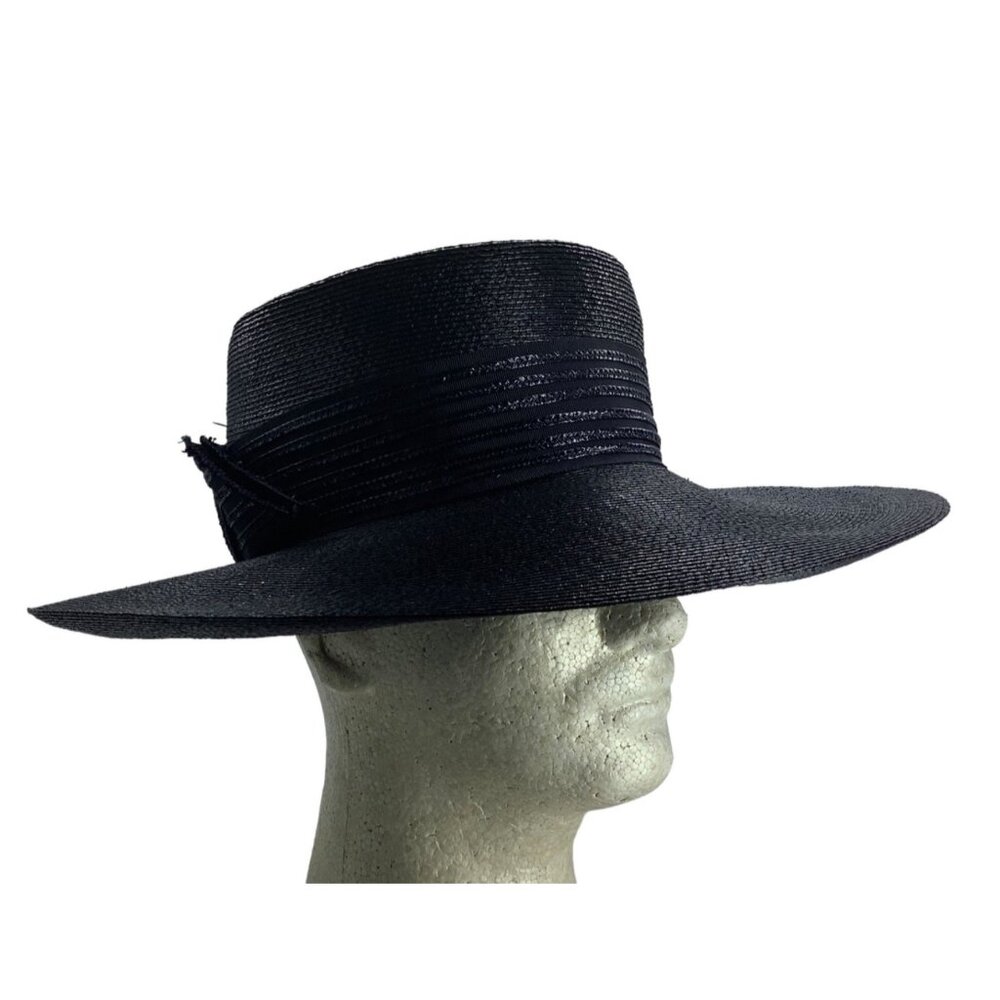 Vtg Lazarus Trendsetter Wide Flat Brim Hat with Pin‎ Statement Bow 22" Blue